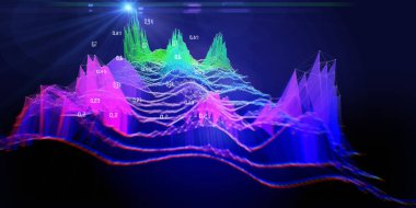 Abstract  background wireframe noise grid with color blurred lines on blue. Presentation concept of 3d algorithms. Big Data. Banner for business, science and technology. 