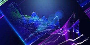 Abstract  background wireframe noise grid with color blurred lines on blue. Presentation concept of 3d algorithms. Big Data.  Banner for business, science and technology.  