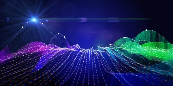 Abstract  background wireframe wave grid with color blurred lines on blue. Presentation concept of 3d algorithms. Big Data. Banner for business, science and technology.