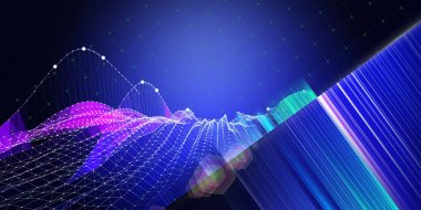 Abstract  background wireframe noise grid with blurred lines and data  on blue. Presentation concept of 3d grid algorithms. Banner for business, science and technology. Big Data. 