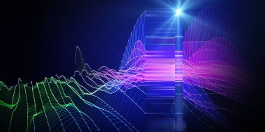 Abstract  background wireframe noise grid with color blurred lines and spot on blue. Presentation concept of 3d algorithms. Big Data. Banner for business, science and technology. 