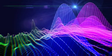 Abstract  background wireframe noise grid with color blurred lines in defocus on blue. Presentation concept of 3d algorithms. Big Data. Banner for business, science and technology. 