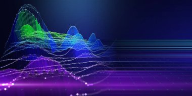 Soyut arkaplan kablosuz gürültü ızgarası ve mavi üzerinde bulanık çizgiler. Sunum konsepti 3d ızgara algoritması. İş, bilim ve teknoloji afişi. Büyük Veri. 