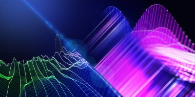 Soyut arkaplan kablosuz ses ızgarası koyu mavi üzerine odaklanmış. 3D algoritma kavramını temsil et. İş, bilim ve teknoloji afişi. Büyük Veri.