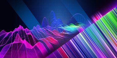 Karanlıkta çizgileri olan soyut arkaplan çokgen ızgarası. Renk algoritmalarının sunum konsepti. Büyük Data. İş, bilim ve teknoloji afişi.  