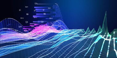 Renk bulanık çizgi verileri ile soyut arkaplan kablosuz gürültü ızgarası. 3D algoritma kavramını temsil et. Büyük Data. İş, bilim ve teknoloji afişi.