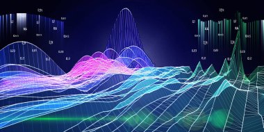 Mavi üzerine bulanık çizgi verisi olan soyut arkaplan kablosuz gürültü ızgarası. 3D algoritma kavramını temsil et. Büyük Data. İş, bilim ve teknoloji afişi.