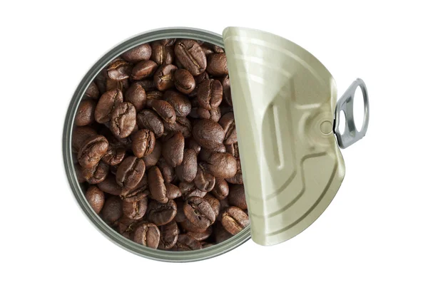 Ovansida av öppnade kan med kaffebönor — Stockfoto