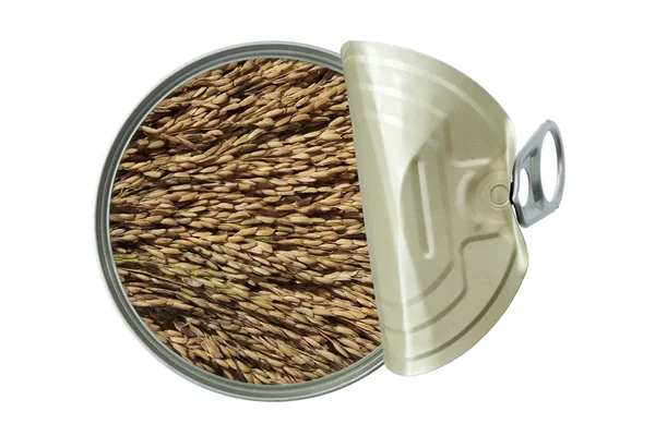 Draufsicht auf geöffnete Dose mit Reis — Stockfoto