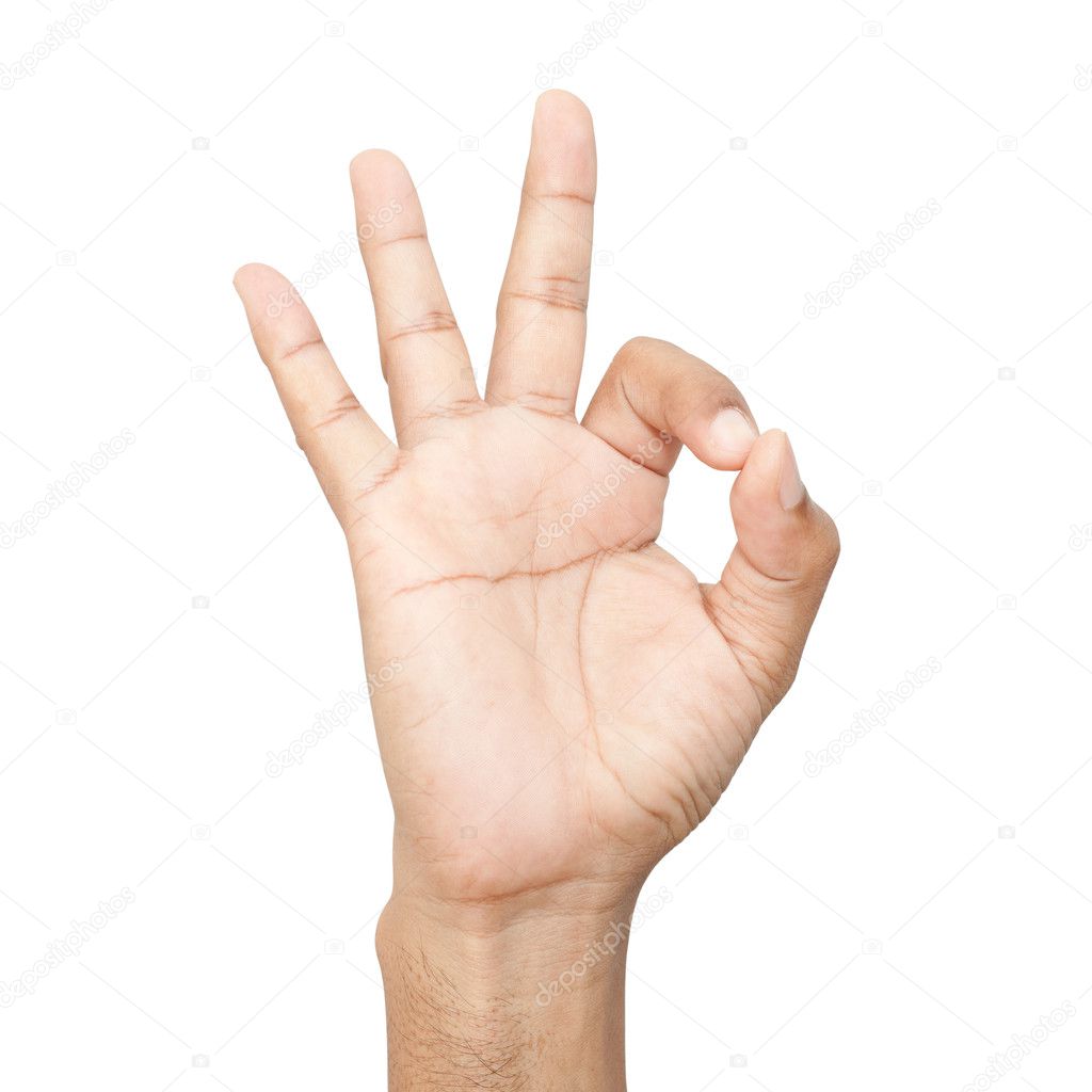 Hand OK sign on white background