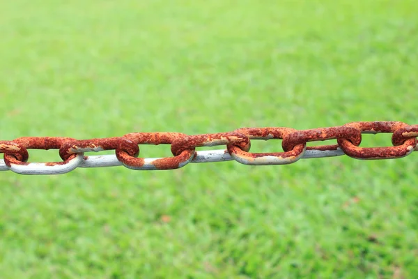 古いさびた金属鎖リンクおよび緑の芝生 — ストック写真