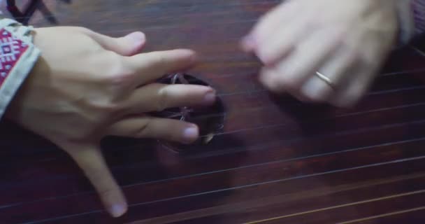 Tocar las manos en las cuerdas de un instrumento musical gusli.close-up — Vídeos de Stock