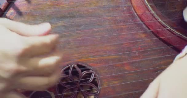 Хобі та дозвілля. Чоловічі руки грають на струнах стародавнього музичного інструменту під назвою ґуслі. крупним планом — стокове відео