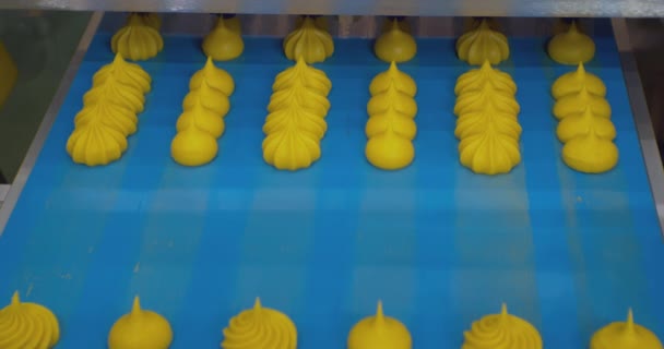 Παραγωγή ζαχαροπλαστικής. κινούμενο φόντο. Μια ειδική μηχανή φτιάχνει κέικ ζαχαροπλαστικής από παχιά κρέμα. έτοιμα κέικ κρέμα κινούνται κατά μήκος ενός ιμάντα μεταφοράς. κοντινό πλάνο — Αρχείο Βίντεο