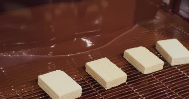 Attrezzature moderne per la produzione alimentare industriale. un flusso di cioccolata calda versa i waffle, che si muovono lungo il nastro trasportatore. processo tecnologico da vicino — Video Stock