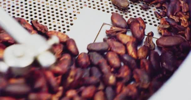 Industriële voedselproductie.Uitzicht op koffiebranderij. technologische proces close-up — Stockvideo