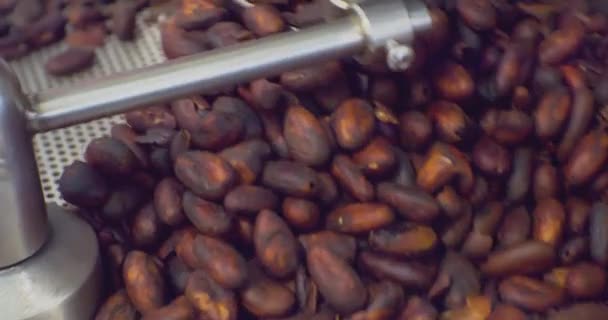Produção industrial de alimentos.Vista da máquina de torrefação de café. processo tecnológico close-up — Vídeo de Stock