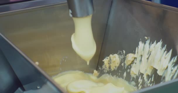 Modern livsmedelsproduktion. tjocka degen faller från ett rör ner i en tratt. närbild — Stockvideo