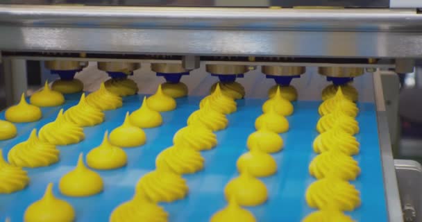Moderní produkce potravin. speciální stroj dělá koláče z husté smetany. dokončené koláče se pomalu pohybují podél dopravníkového pásu. natáčení detailu technologického procesu — Stock video