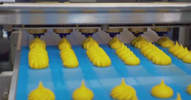 Modern gıda üretimi. Kremalı kekler üretim hattı boyunca ilerliyor. Yakın plan. — Stok video