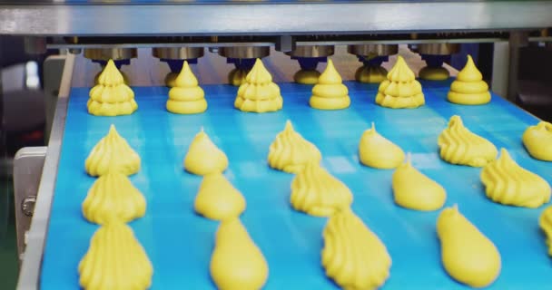 Сучасне виробництво продуктів харчування. кремові тістечка рухаються вздовж виробничої лінії. крупним планом — стокове відео