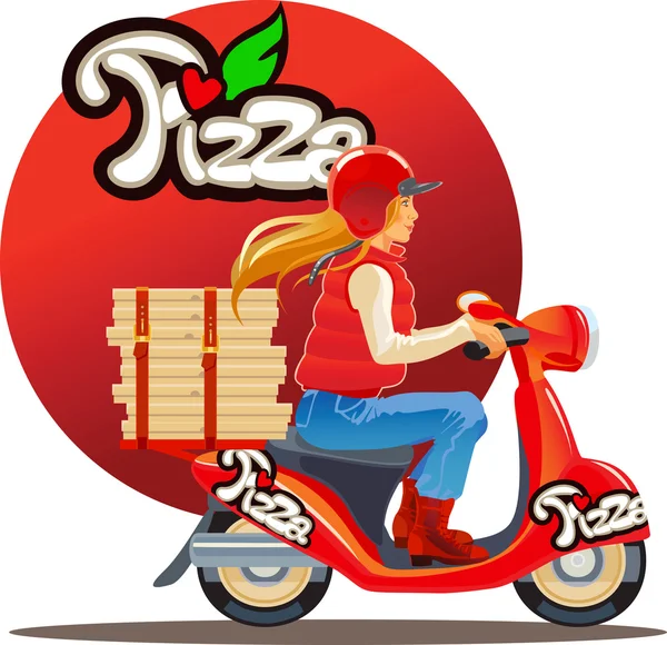 Sarışın kız, kırmızı scutter pizza teslimat — Stok Vektör