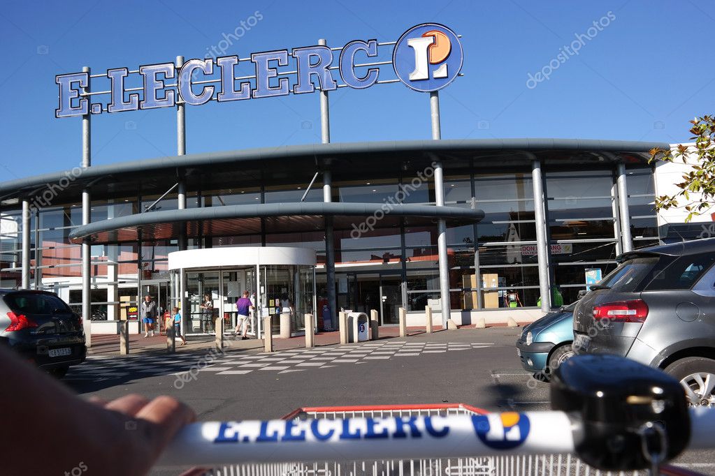PLENEUF VAL ANDRE, FRANCE - JULY 2014: Entrance of an E.Leclerc hypermarket, a French multinational retailer with more than 500 locations in France and 114 stores outside of the country