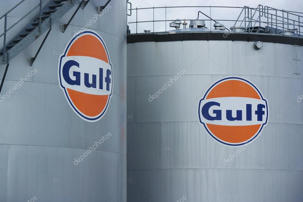 HARLINGEN, NETHERLANDS - AUGUST 2014:  Gulf oil storage tank, Gulf Oil LP is a major American oil company operating gas stations and refined petroleum terminals in Europe and the U.S