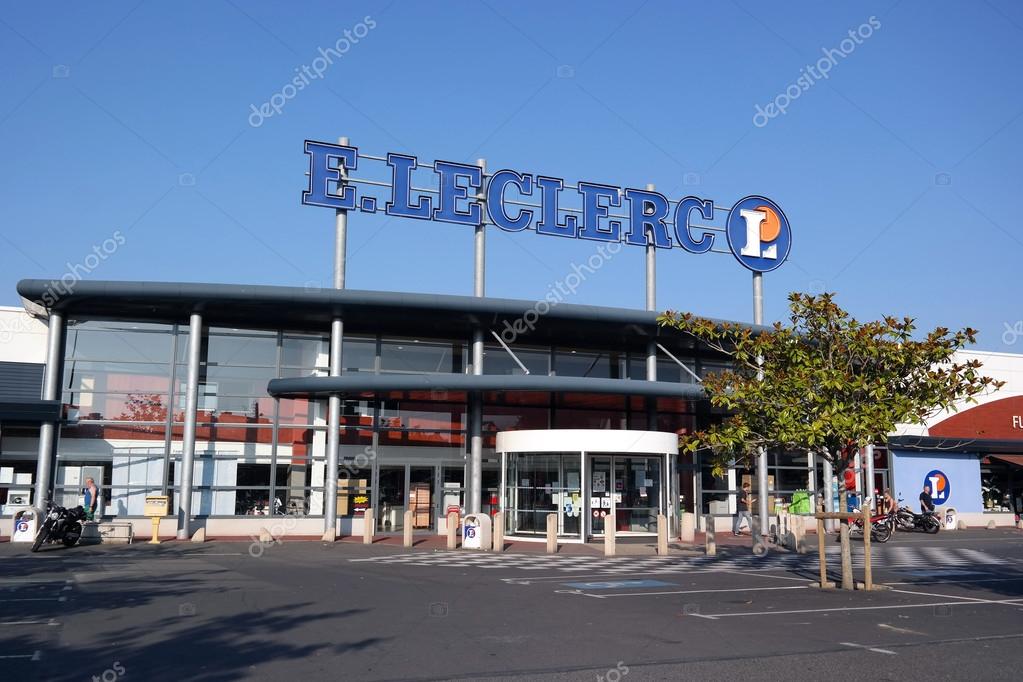 PLENEUF VAL ANDRE, FRANCE - JULY 2014  Entrance of an E Leclerc hypermarket, a French multinational retailer with more than 500 locations in France and 114 stores outside of the country