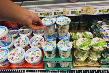 ALMANY - Eylül 2021 Marktkauf hipermarketinin soğutucusunda organik tatlı bardakları depolayın. Skyr geleneksel olarak İzlanda kültüründe bir süt ürünüdür..