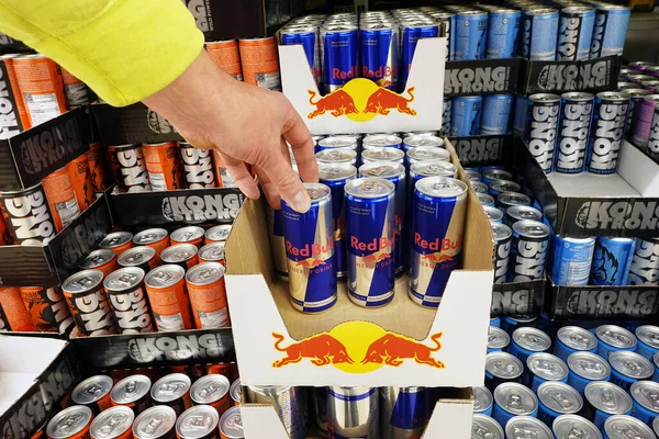 Netherlands December 2021 Stack Red Bull Cans Lidl Private Label — Stock Photo, Image