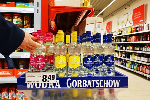 Germany April 2022 Wodka Gorbatschow Display Supermarket Wodka Gorbatschow German — стоковое фото