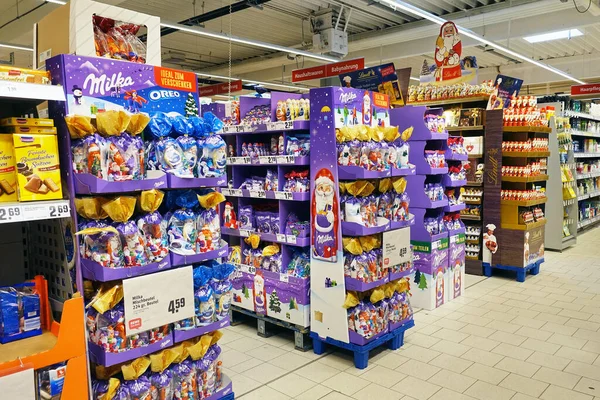 Germany October 2022 Grocery Interior Aisle Stacked Christmas Chocolates German — Stock Photo, Image