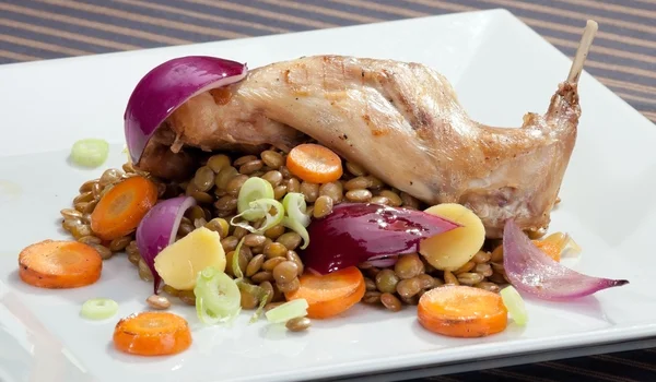 Patata de conejo al horno con lenteja y guarnición vegetal —  Fotos de Stock