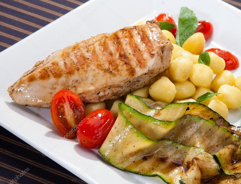 Grilled chicken breast w grilled aubergine and gnocchi