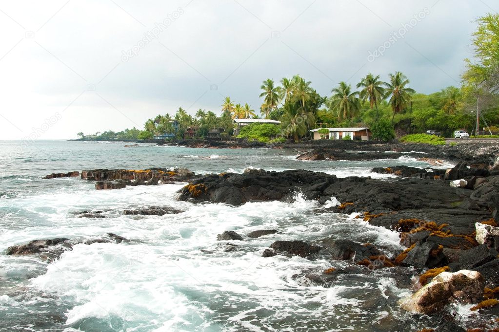 Volcano rocks with ocean and palm trees during the storm on Hawa