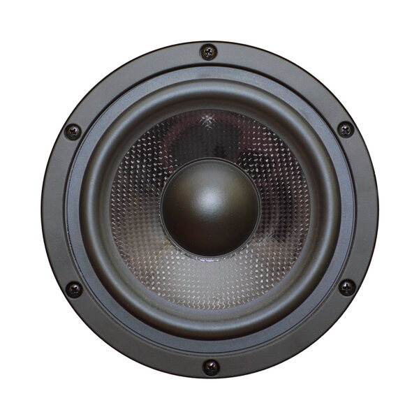 Closeup view of black bass speaker - isolated on whit