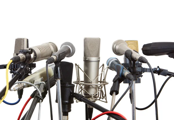 Microphones prepared for conference meeting. Royalty Free Stock Photos