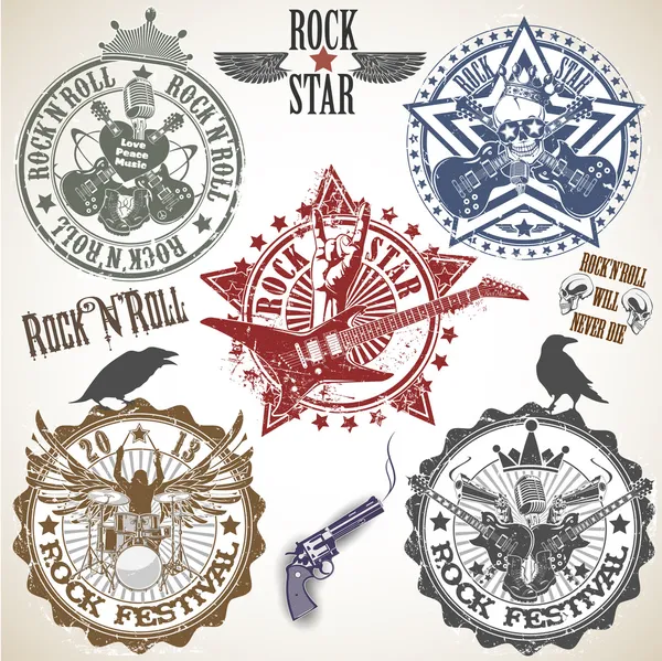 Conjunto de sellos con símbolos rock 'n' roll — Vector de stock