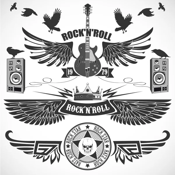 Rock n ' Roll set symbolen met vleugels — Stockvector