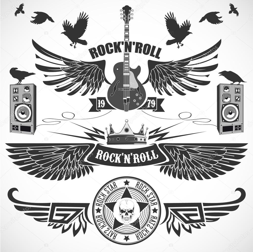 Rock n 'Roll set of symbols with wings