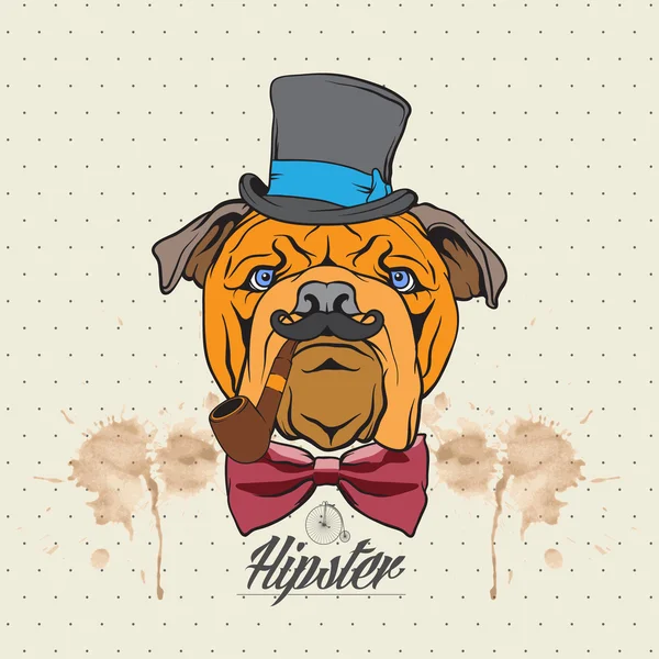 Illustrazione di una testa di bulldog con cappello e papillon — Vettoriale Stock