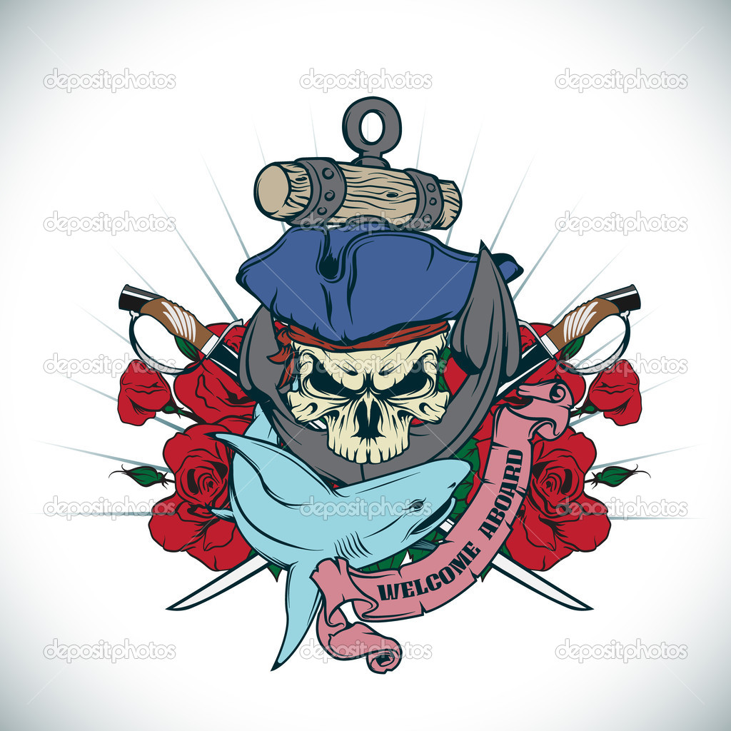 Sticker on the shirt with a pirate. Vector.