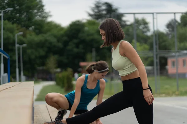 Two Sweet Well Build Girls Getting Ready Stretching Routine — Stock Photo, Image