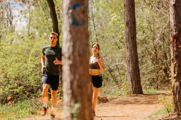 Mann Und Frau Trainieren Und Joggen Gemeinsam Park Glücklich Und — Stockfoto