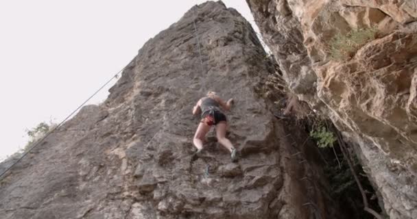 魅力的でフィットの女の子は特別な登山装置で大きな岩を登っています — ストック動画