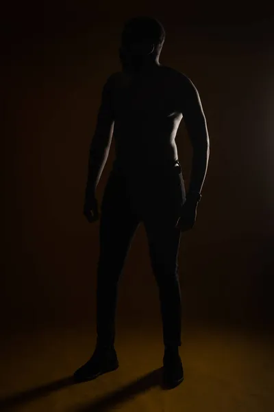 Σιλουέτα Γυμνόστηθου Μαύρου Άνδρα Που Ποζάρει Στο Στούντιο — Φωτογραφία Αρχείου