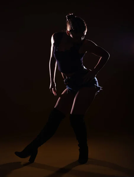 Υψηλής Αντίθεσης Σιλουέτα Εικόνα Ενός Σέξι Θηλυκό Μοντέλο Ποζάρουν Σκούρο — Φωτογραφία Αρχείου