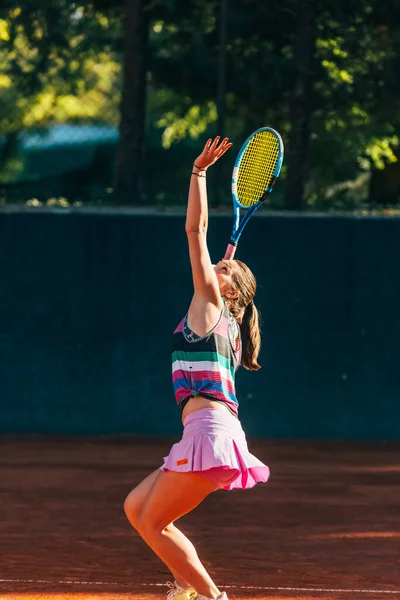 Vertical Full Length View Sportswoman Playing Match Tennis Court — Stock Photo, Image