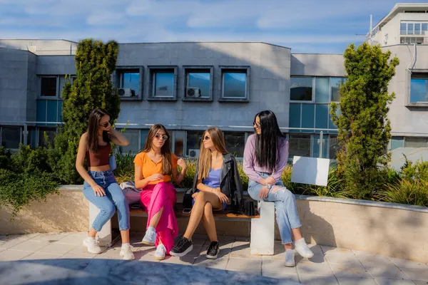 Vier Aantrekkelijke Mooie Meisjes Hebben Een Serieus Gesprek Hun Vriendjes — Stockfoto